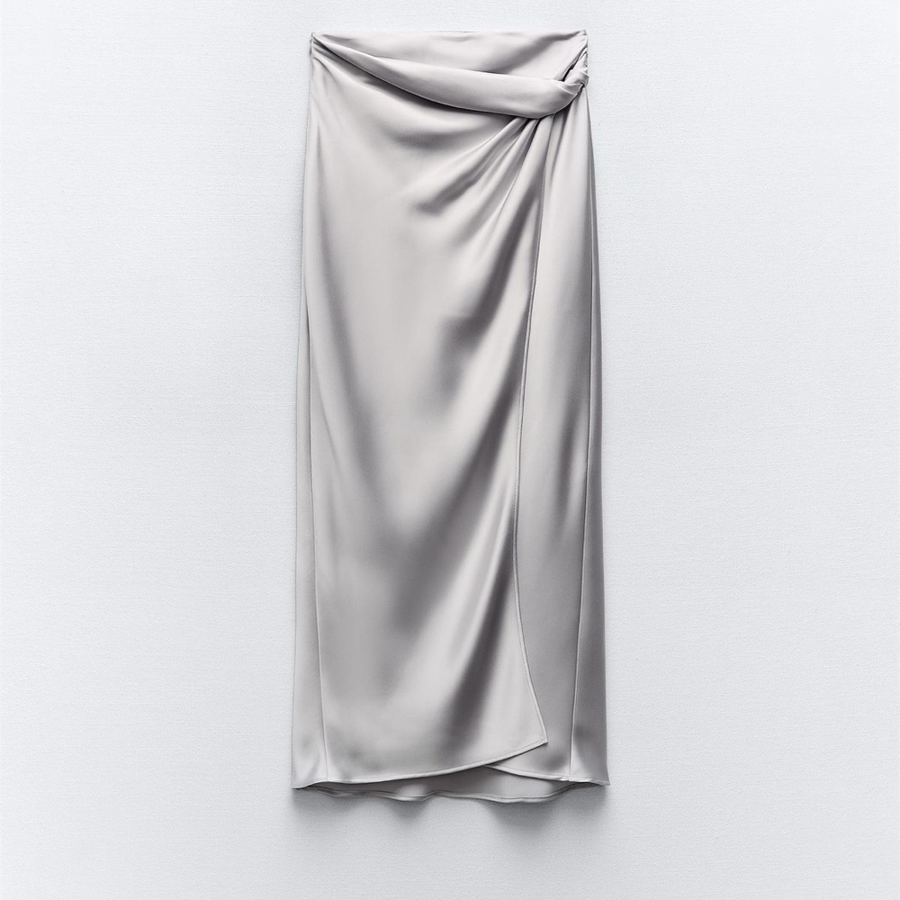Skirt with a high waist with front knot. Silver skirt , silk ZARA